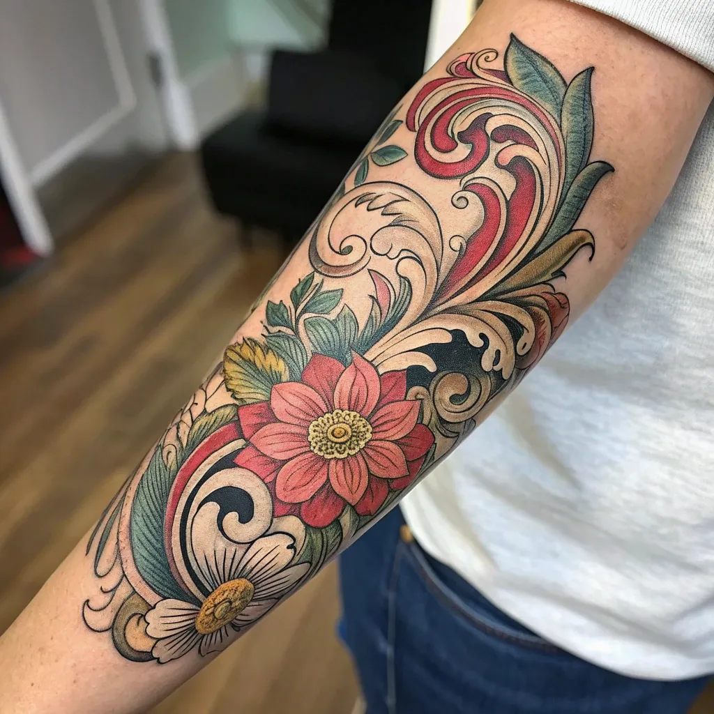 Intricate tattoo design on a forearm
